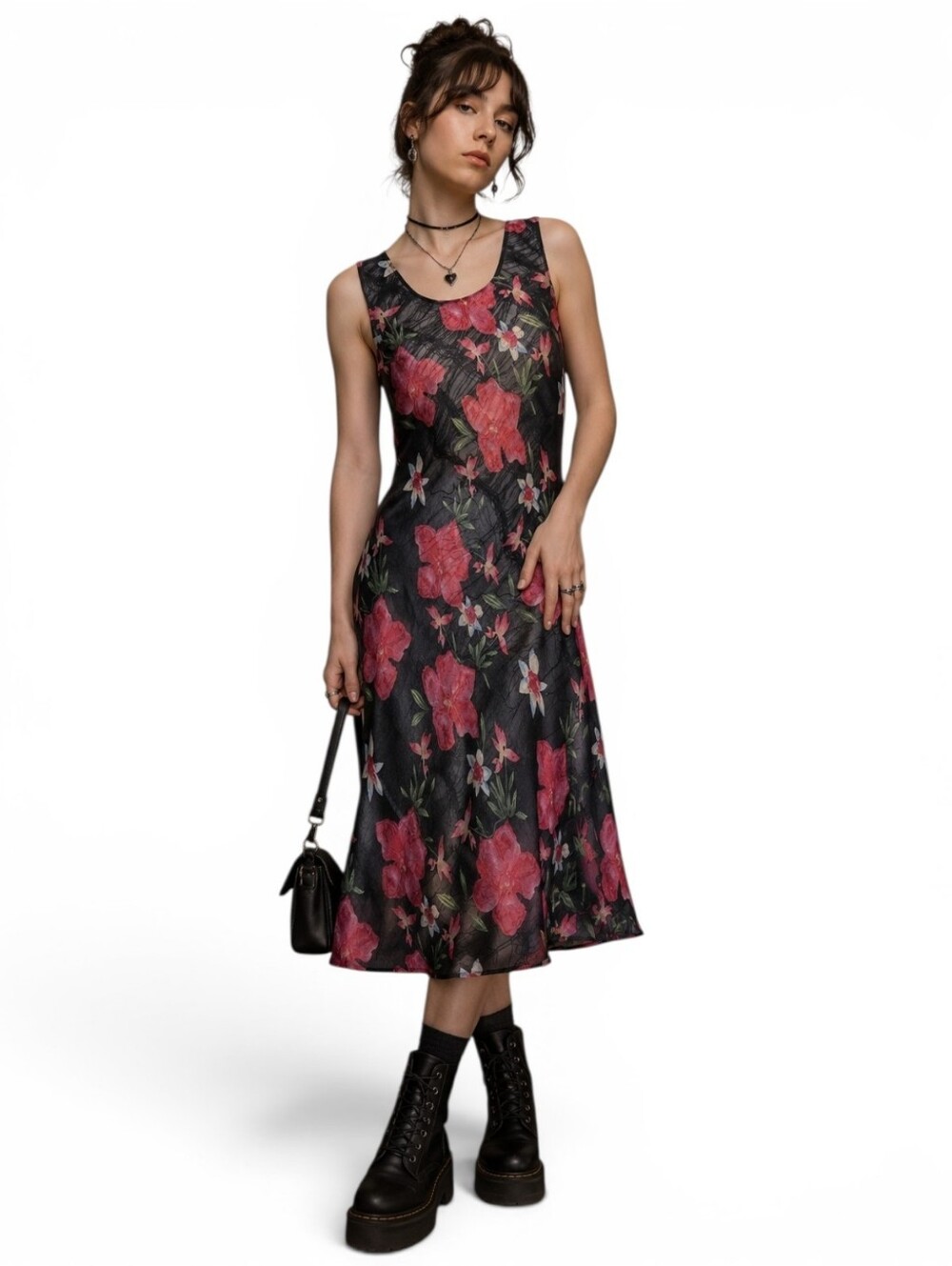 Y2K Romantic Dark Floral Sheer Layered Midi Dress Fairycore Medium
